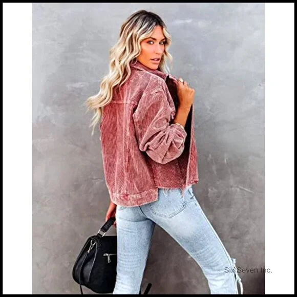 Cropped Corduroy Shacket Oversized Boyfriend Style Fringe Hem Casual Jacket - Picture 3 of 7